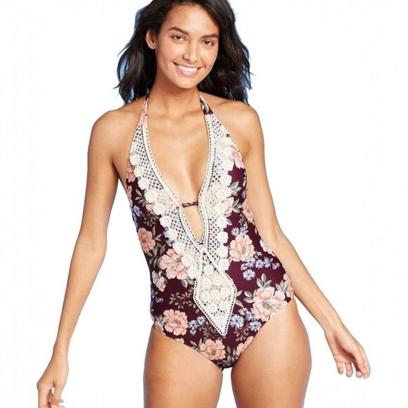 Kona Sol Crochet Trim Plunge One Piece Medium Coverage Swimsuit - Size Small - Picture 1 of 13